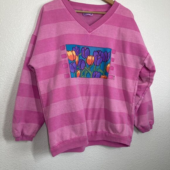 Vintage Fresh Produce Sweater Womens Medium Striped Tulip Floral Pullover USA - Picture 2 of 13